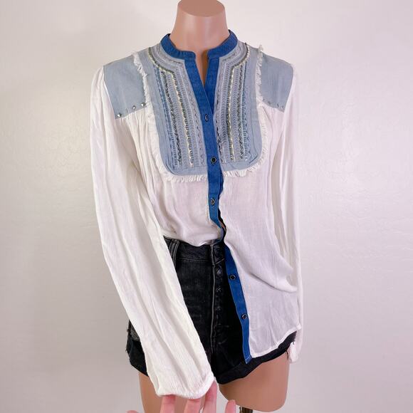 Desigual Western Rodeo Country Gauze Denim Fringe Sleeve Boho Top White S NWT - Picture 1 of 11